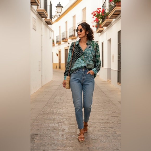 Stradivarius Long Sleeve Paisley Patchwork Silky Button Up Blouse XS Teal Green - Picture 10 of 10